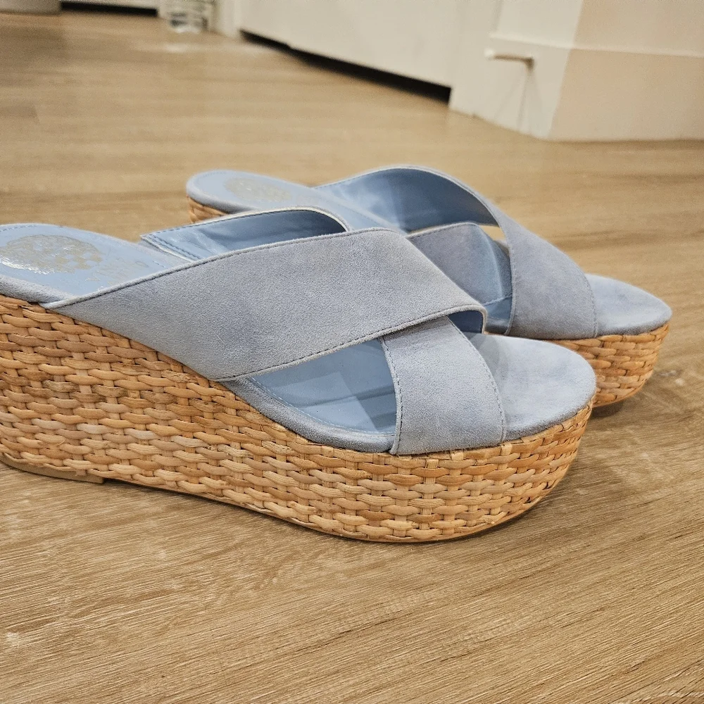 Vince Camuto Light Blue Suede Wedge Sandals with Woven Tan Platform